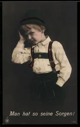 Foto-AK NPG NR 1145: Man hat so seine Sorgen, Kind in bayrischer Tracht
