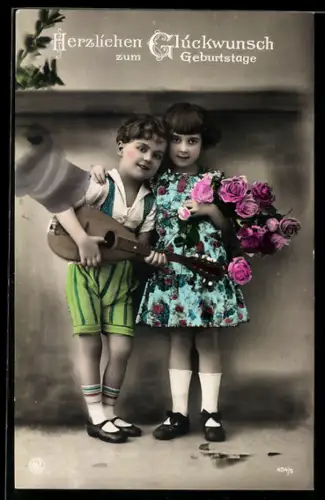 Foto-AK NPG Nr. 434/5: Kinderpaar mit Lautengitarre