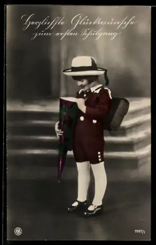 Foto-AK NPG Nr. 7937/1: Kleiner Junge mit Schultüte, Glückwunsch zum Schulanfang