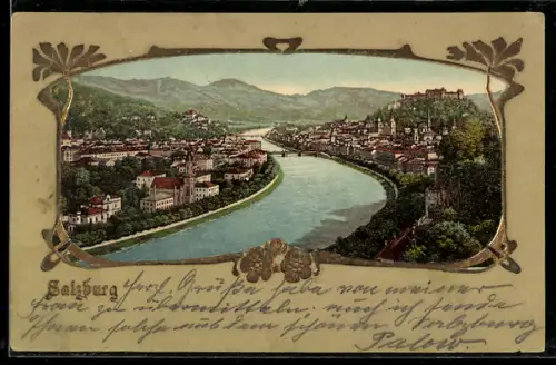 Lithographie Salzburg, Stadtansicht mit Festung und Salzach