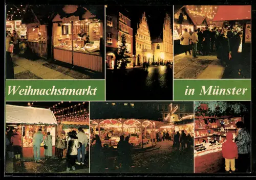 AK Münster, Weihnachtsmarkt bei Nacht, Marktstände, Karussell, festliche Beleuchtung