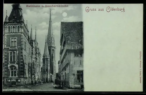 Mondschein-AK Oldenburg, Rathaus, Lambertikirche