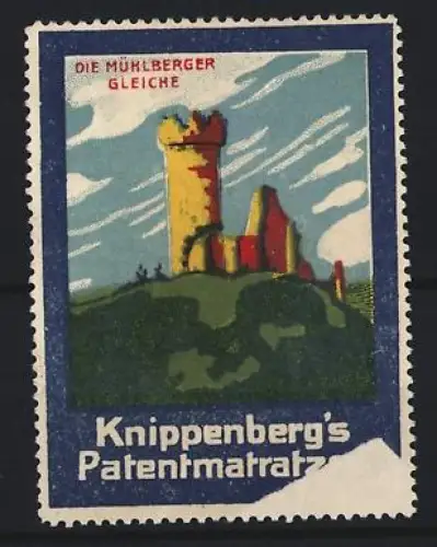 Reklamemarke Mühlberg, Knippenberg`s Patentmatratzen, Burg auf Hügel, Mühlberger Gleiche