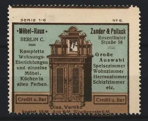Reklamemarke Berlin, Zander & Pollack, Möbel-Haus, Aufwändig gearbeiteter Schrank