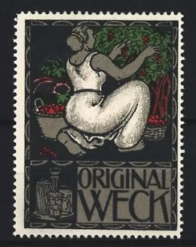 Reklamemarke Weck, Frischhaltung und Einmachgläser, Frau erntet Kirschen