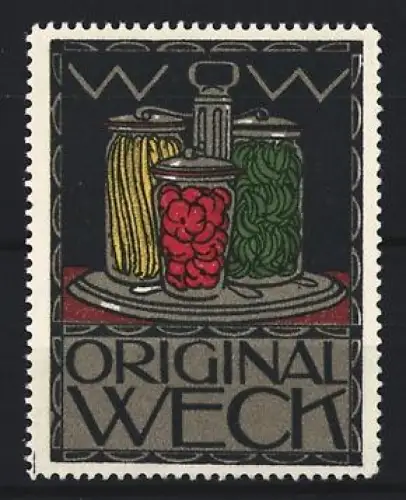 Reklamemarke Weck, Frischhaltung und Einmachgläser, Einmachgläser mit Gemüse und Früchten