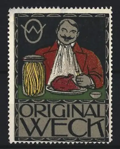Reklamemarke Weck, Frischhaltung und Einmachgläser, Mann mit Essen und Einmachglas