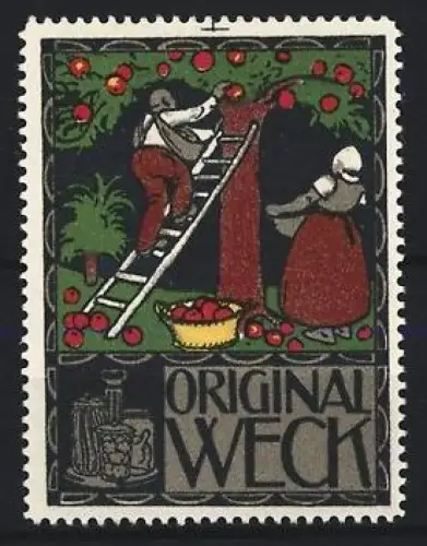 Reklamemarke Weck, Frischhaltung und Einmachgläser, Obsternte, Leiter und Korb