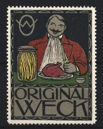 Reklamemarke Weck, Frischhaltung und Einmachgläser, Mann beim Essen mit Einmachglas
