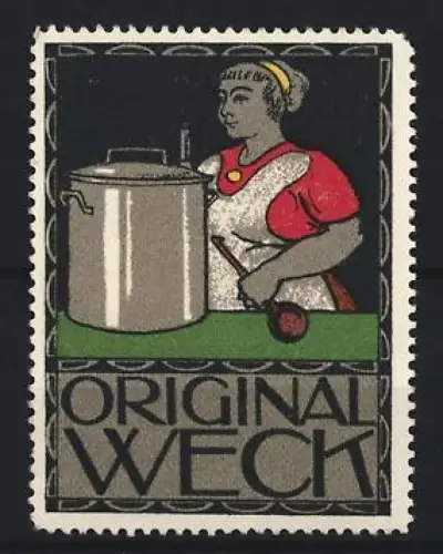 Reklamemarke Weck, Frischhaltung und Einmachgläser, Frau mit Kochtopf