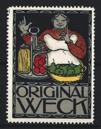 Reklamemarke Weck, Frischhaltung und Einmachgläser, Frau mit Einkochutensilien
