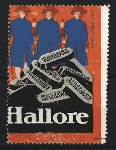 Reklamemarke Hallore, Schokolade, Männer in blauen Mänteln
