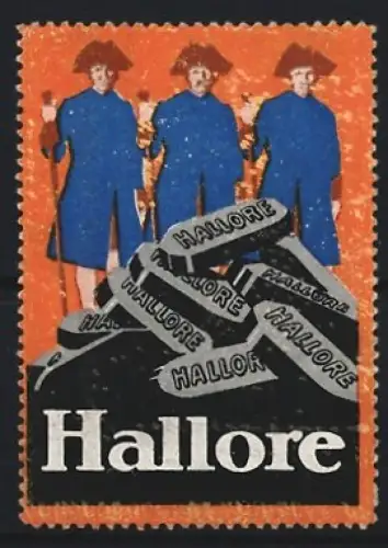 Reklamemarke Hallore, Schokolade, Drei Männer in Uniform mit Dreispitz