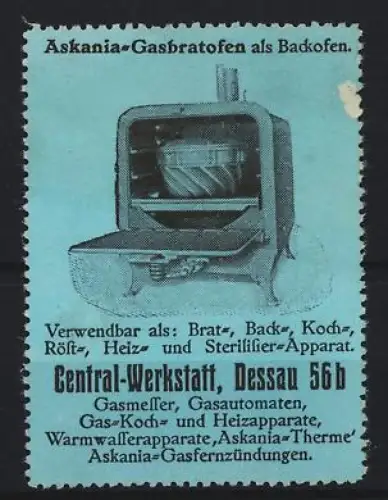 Reklamemarke Dessau, Askania, Gasbratofen als Backofen, Ofenillustration