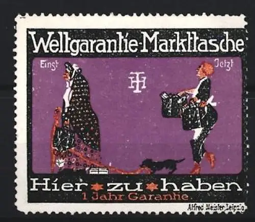 Reklamemarke Markttasche, Frau mit Einkaufstasche und Hund