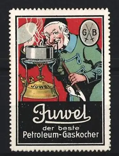 Reklamemarke Juvel, Petroleum-Gaskocher, Kochender Mann