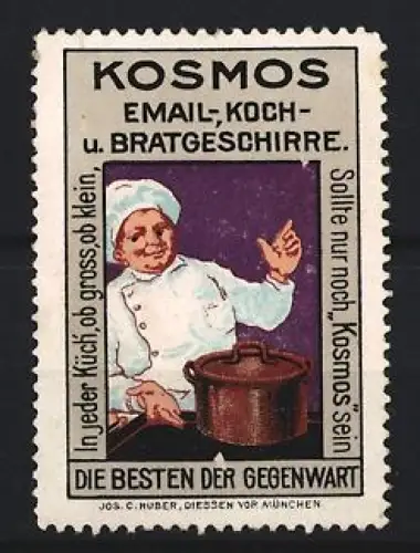 Reklamemarke Giessen, Kosmos, Email-, Koch- u. Bratgeschirre, Koch mit Topf