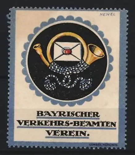 Reklamemarke Henel, Bayern, Bayrischer Verkehrs-Beamten Verein, Posthorn und Brief