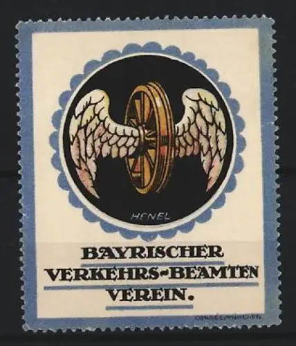 Reklamemarke Henel, München, Bayrischer Verkehrs-Beamten-Verein, geflügeltes Rad