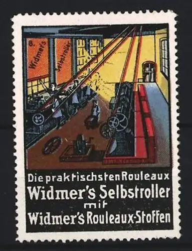 Reklamemarke Widmer`s Selbstroller, Fabrikhalle mit Maschinen