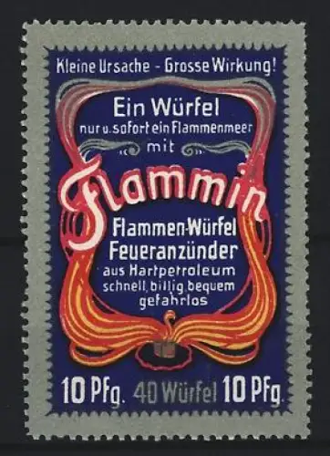 Reklamemarke Flammin, Flammen-Würfel Feueranzünder, Würfel und Flammenmeer