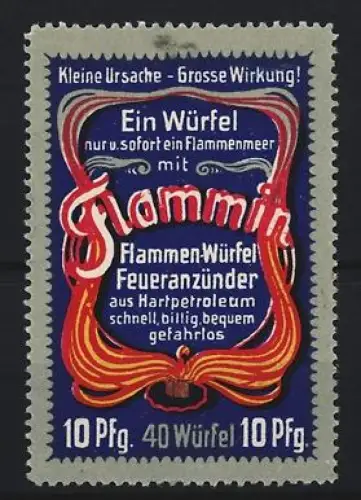 Reklamemarke Ein Würfel mit Flammin, Flammen-Würfel Feueranzünder