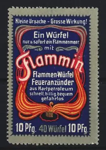 Reklamemarke Ein Würfel Flammin, Flammen-Würfel Feueranzünder