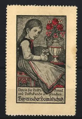Reklamemarke München, Verein für Volkskunst, Bayerischer Heimatschutz, Mädchen mit Blumenstrauss