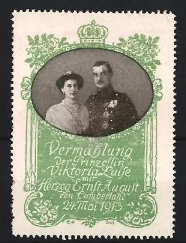 Reklamemarke Vermählung von Victoria Luise von Preussen und Herzog Ernst August, Porträts mit Wappen