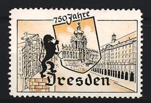 Reklamemarke Dresden, 750 Jahre, Löwe und Architekturansicht