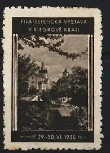 Reklamemarke Riegrovo Kraj, Filatelistická Výstava 1935, Landschaft mit Schloss