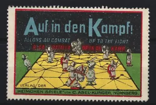 Reklamemarke Nürnberg, Heimchen-Spiele, C. Abel-Klinger, Auf in den Kampf !, Schachbrett mit Spielfiguren