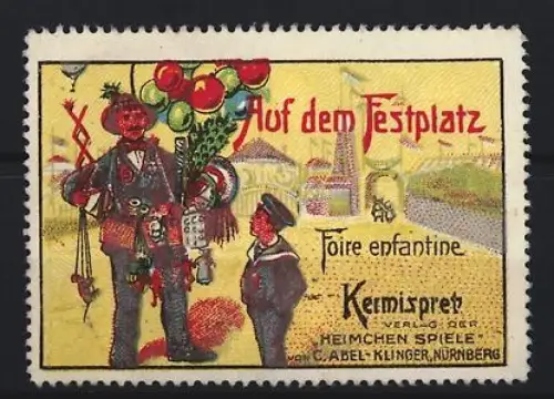 Reklamemarke Nürnberg, Auf dem Festplatz, Jahrmarktsszene mit Ballonverkäufer und Kind