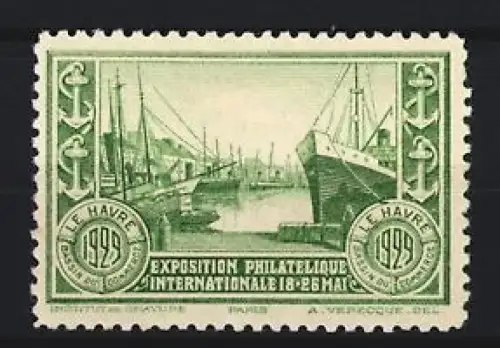 Reklamemarke Le Havre, Exposition Philatélique Internationale 1929, Hafenansicht mit Schiffen