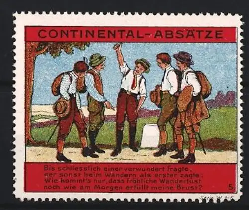 Reklamemarke Continental-Absätze, Wanderer beim Meilenstein