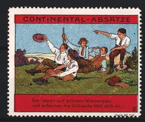 Reklamemarke Continental-Absätze, Wandergruppe bei einer Rast im Freien