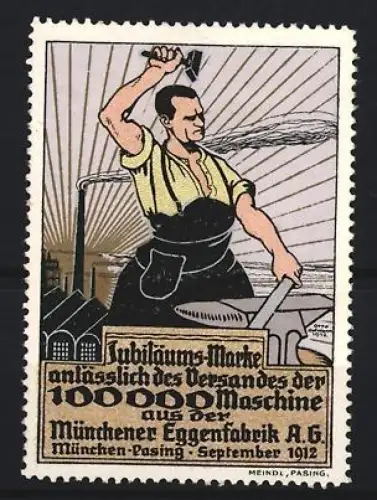 Reklamemarke München, Eggenfabrik A.G., Jubiläums-Marke, Schmied mit Hammer, 1912, Meindl, Pasing