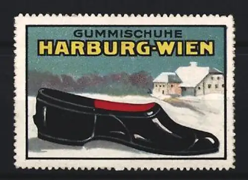 Reklamemarke Harburg-Wien, Gummischuhe, schwarzer Schuh im Schnee