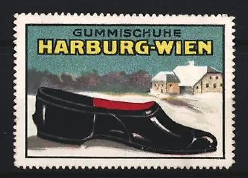 Reklamemarke Harburg-Wien, Gummischuhe, Schwarzer Schuh im Schnee