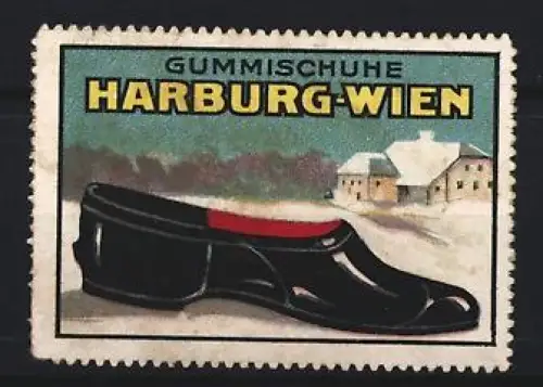 Reklamemarke Harburg-Wien, Gummischuhe, Schwarzer Schuh vor Winterlandschaft