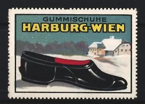 Reklamemarke Harburg-Wien, Gummischuhe, schwarzer Schuh vor Winterlandschaft