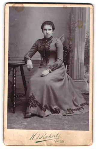 Fotografie H. J. Rechert, Wien, Lerchenfelderstrasse 38, Frau in elegantem Kleid im Jahr 1901