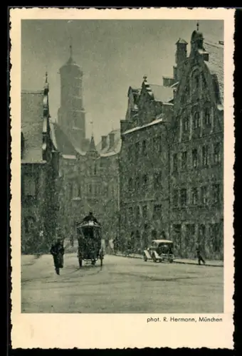 AK München, Strassenpartie mit Kutsche im Winter, Fotoapparat von Photo-Porst