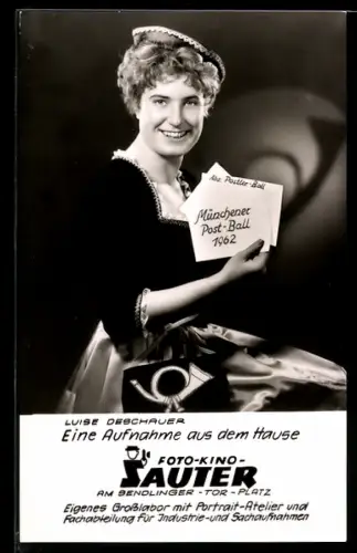 AK München, Luise Deschauer macht Reklame für den Münchener Post-Ball 1962, Foto-Kino Sauter, Sendlinger-Tor-Platz