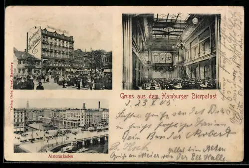 AK Hamburg, Gasthaus Hamburger Bierpalast mit Innenansicht, Alsterarkaden aus der Vogelschau