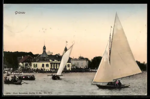 AK Grünau, Segelboote auf dem Wasser vor Ausflugslokal
