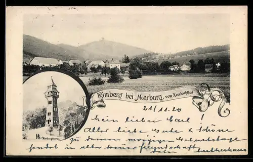 AK Marburg, Rimberg, Ortsansicht vom Hernbachtal, Rimbergturm