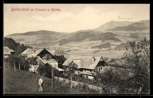 AK Friesach in Kärnten, Barbarabad, Bergpanorama mit Gehöften