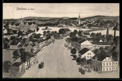 AK Neuhaus a. Inn, Panorama mit Brücke und Kirche