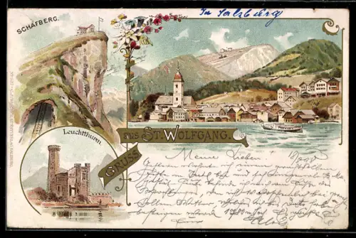 Lithographie St. Wolfgang, Panorama mit Kirche, Schafberg und Leuchtturm
